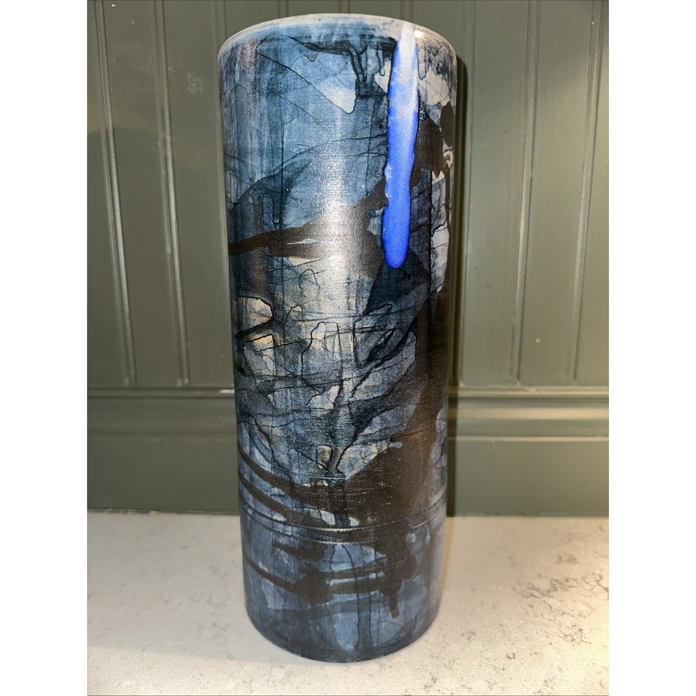 Gerhard Liebenthron Brutalist Studio Pottery Vase 12.5 Blue Black Germany 1970s